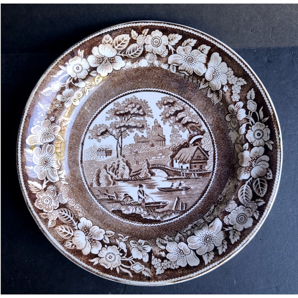 Antique Brown White Pearlware Wild Rose PLate Bowl Oriental Landscape